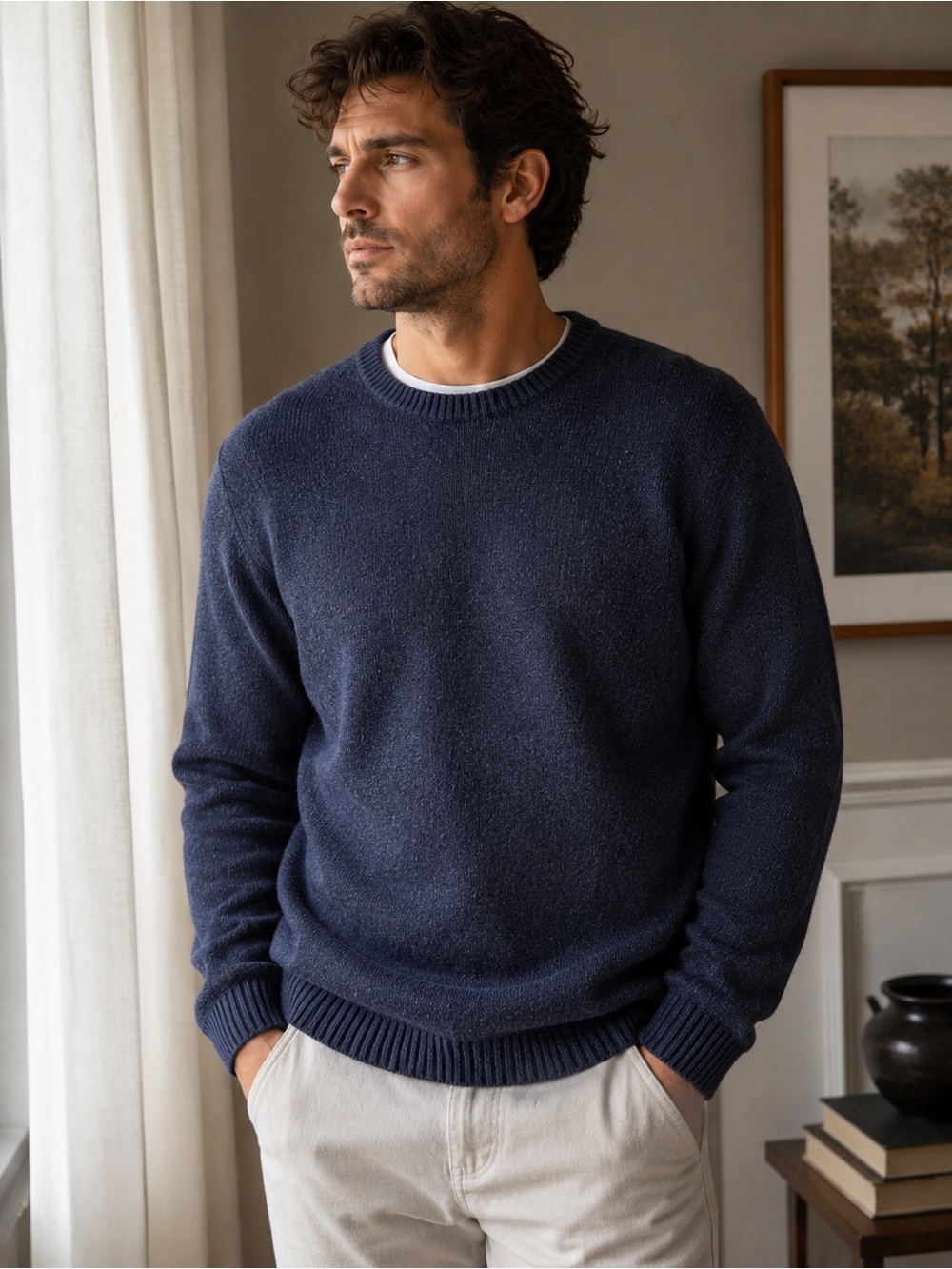 Brooks Brothers Merino Wool Men's Navy Marled Crewneck Sweater - Classic Knit